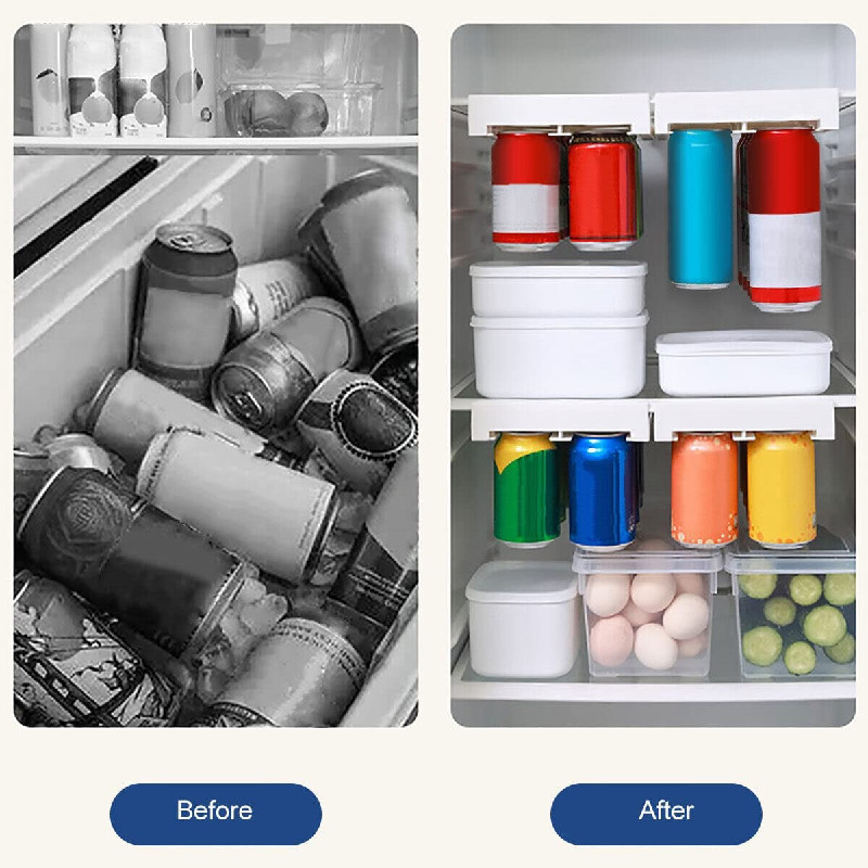 Regulējams piekarināms sodas kārbu organizators Ledusskapis kannas Uzglabāšana, sakraušana Pop Dozators Ledusskapis Alus Dzērienu Turētājs Ēdienu organizators