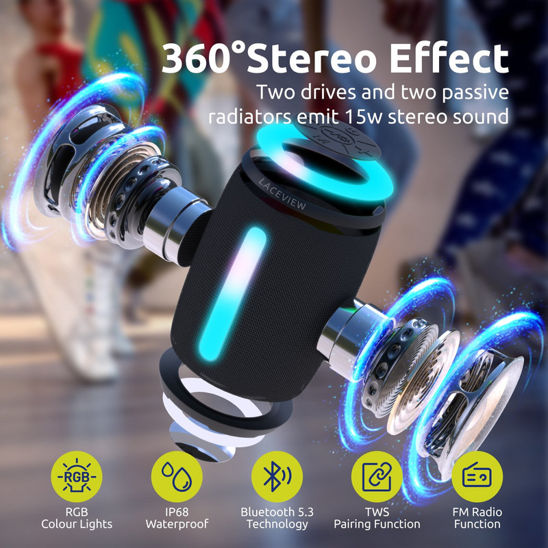 Prijenosni Bluetooth zvučnik, IP68 vodootporan, bežični, RGB svjetlo, MIC, TWS uparivanje, Bluetooth 5.3, FM radio, 15 W, vanjski