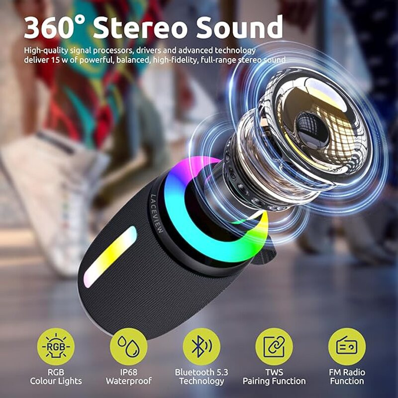 Prijenosni Bluetooth zvučnik, IP68 vodootporan, bežični, RGB svjetlo, MIC, TWS uparivanje, Bluetooth 5.3, FM radio, 15 W, vanjski