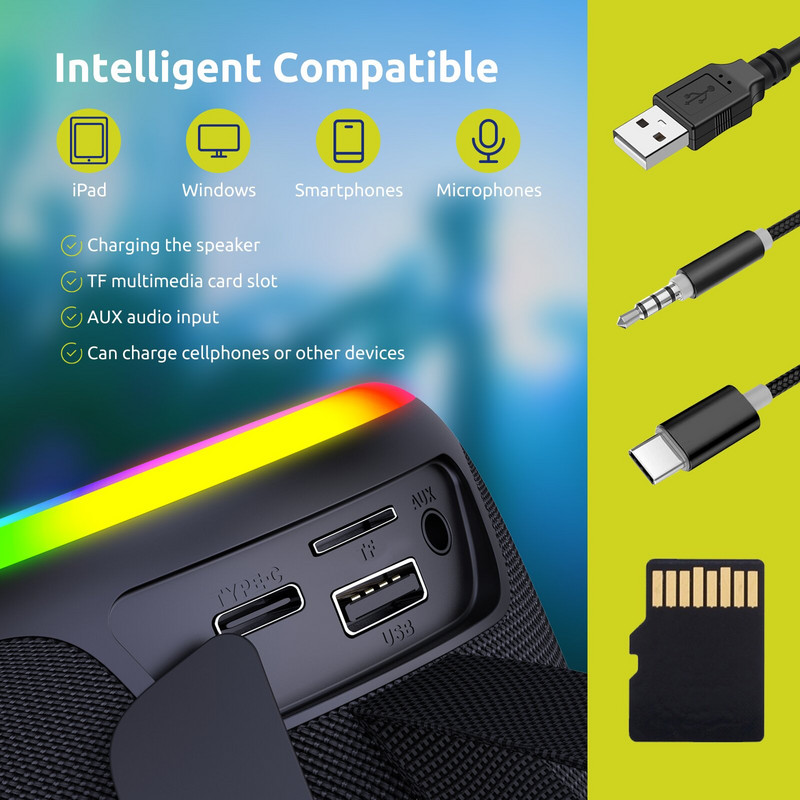 Prijenosni Bluetooth zvučnik, IP68 vodootporan, bežični, RGB svjetlo, MIC, TWS uparivanje, Bluetooth 5.3, FM radio, 15 W, vanjski