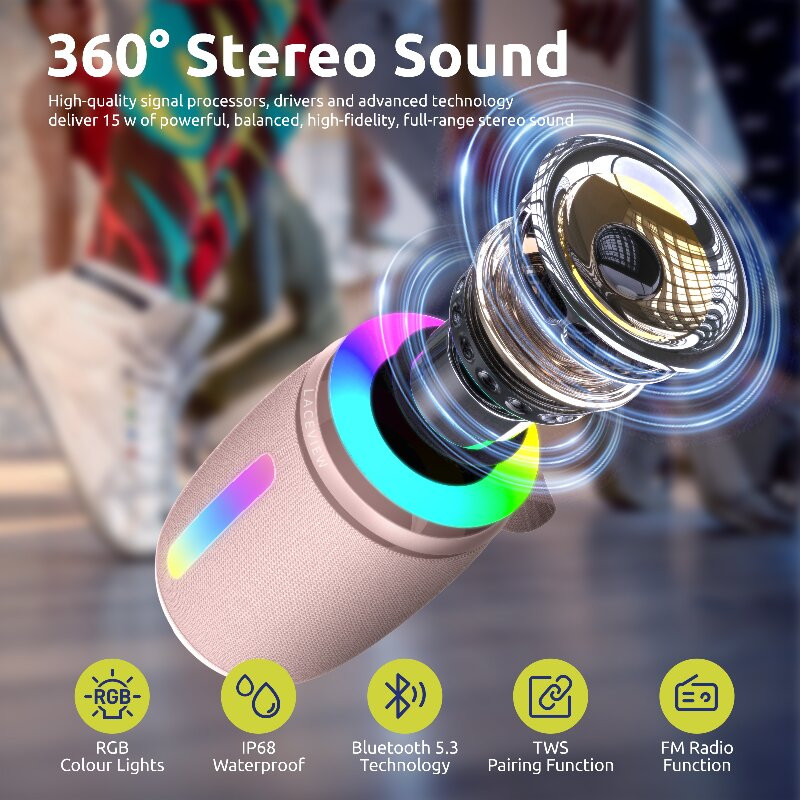 Vodootporni bežični zvučnik sa 15W stereom, Bluetooth 5.3 RGB svjetlom, dvostruko uparenom zvučnom kutijom, pogodan za kućnu i vanjsku upotrebu