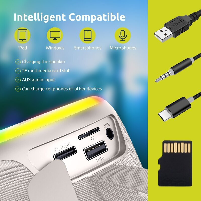 Āra pārnēsājama skaņas kaste, stereo, bezvadu TF karte AUX, RGB gaismas Bluetooth skaļrunis, piemērots mājām, kempingiem un ballītēm