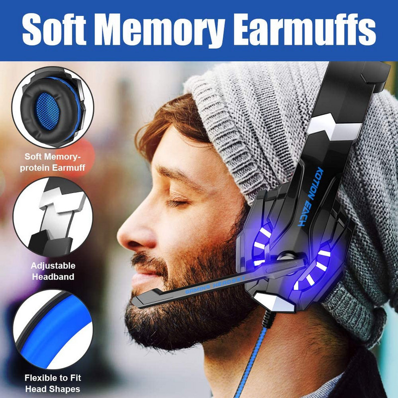 KOTION EACH spēļu austiņas Casque Deep Bass Stereo spēļu austiņas ar mikrofona LED gaismu PS4 tālruņa klēpjdatora datora spēlētājam