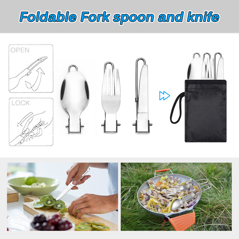 Kaasaskantav matkaköögitarvete pliidikomplekt pott-pannid Kokkupandav nuga-kahvel lauanõude komplekt Õues küpsetuskomplekt matkamiseks ja toiduvalmistamise tööriistad