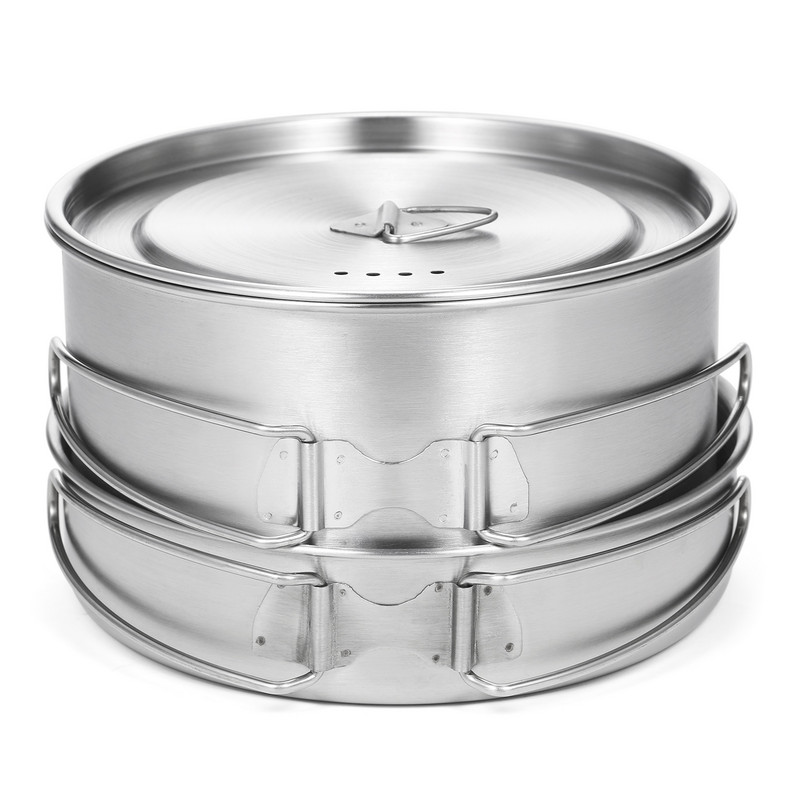 TOMSHOO CPJ-64 2gab kempinga trauku komplekts nerūsējošā tērauda katlu pannu gatavošanas piederumu komplekts ar salokāmiem rokturiem Tīkla pārnēsāšanas soma