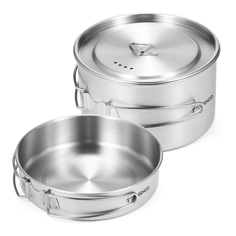 TOMSHOO CPJ-64 2gab kempinga trauku komplekts nerūsējošā tērauda katlu pannu gatavošanas piederumu komplekts ar salokāmiem rokturiem Tīkla pārnēsāšanas soma