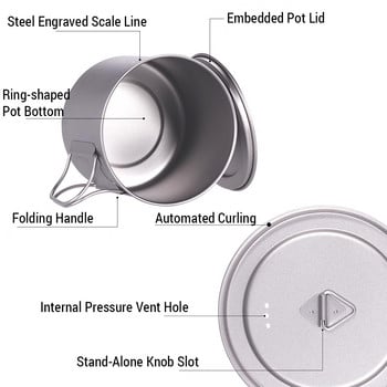 0,9 л/1,1 л тенджера от чист титан с капак и сгъваема дръжка Ултралека чаша за къмпинг Съдове за готвене на открито за туризъм, раница, пикник