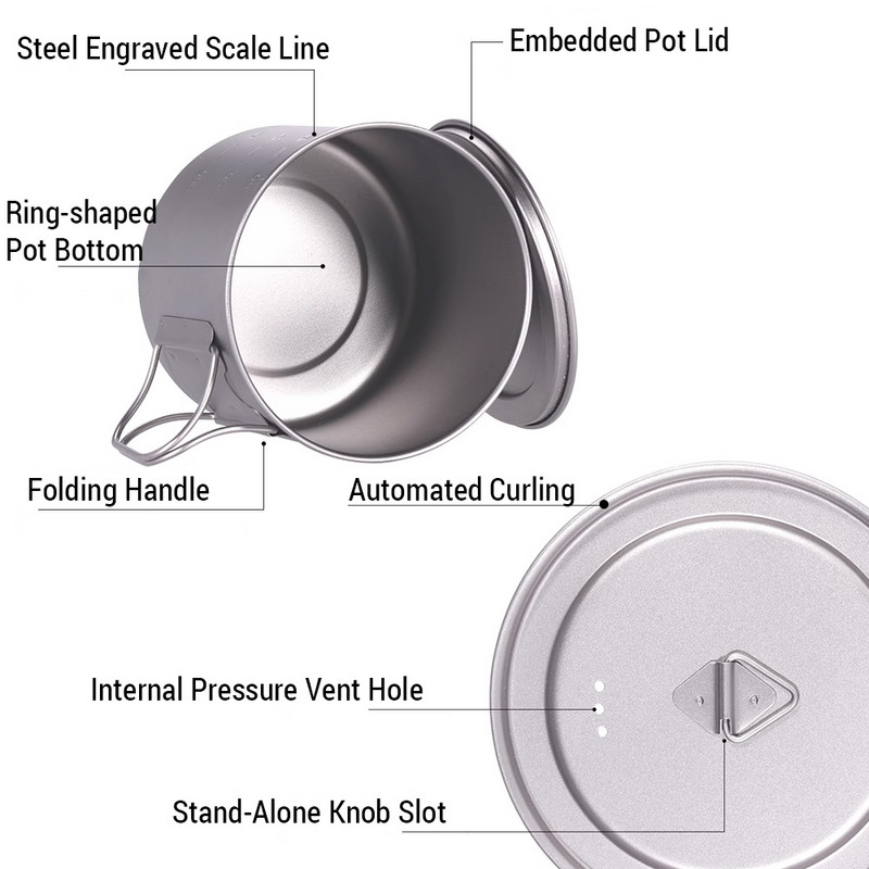 0,9 l/1,1 l tīra titāna katls ar vāku un salokāmu rokturi Ultralight Camping Cup āra virtuves trauki pārgājieniem ar mugursomu piknikam
