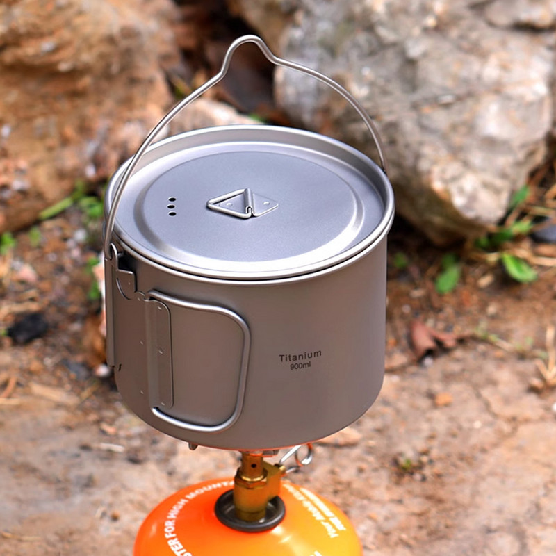 0,9 l/1,1 l tīra titāna katls ar vāku un salokāmu rokturi Ultralight Camping Cup āra virtuves trauki pārgājieniem ar mugursomu piknikam