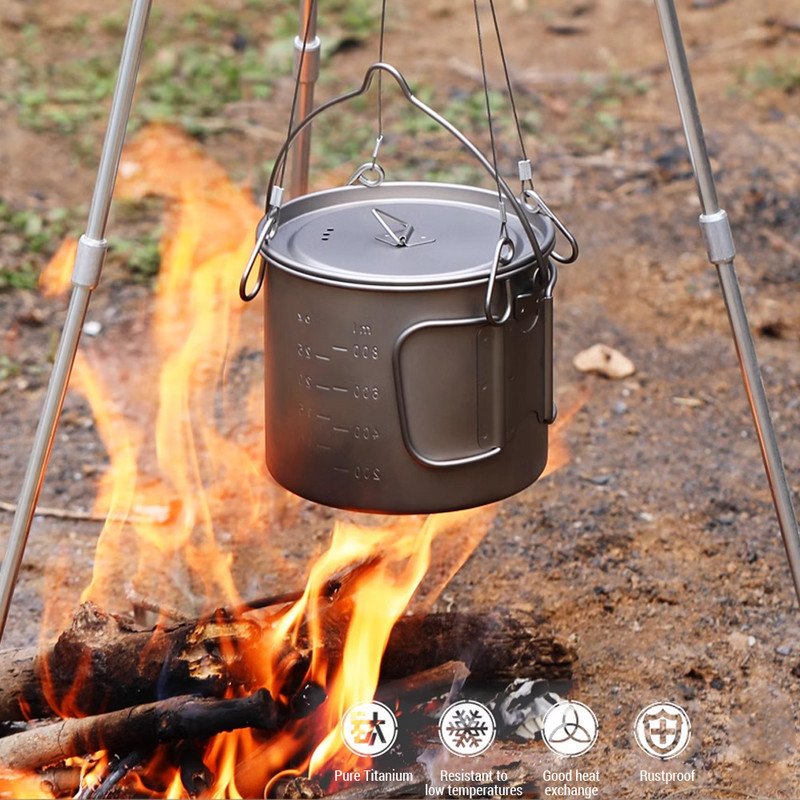 0,9 l/1,1 l tīra titāna katls ar vāku un salokāmu rokturi Ultralight Camping Cup āra virtuves trauki pārgājieniem ar mugursomu piknikam