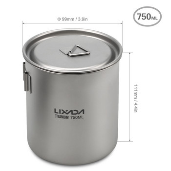 Lixada 750ml Camping Titanium Pot Water Cup με Αποσπώμενη Λαβή Φορητό σερβίτσιο εξωτερικού χώρου Επιτραπέζιο σκεύος πικ-νικ