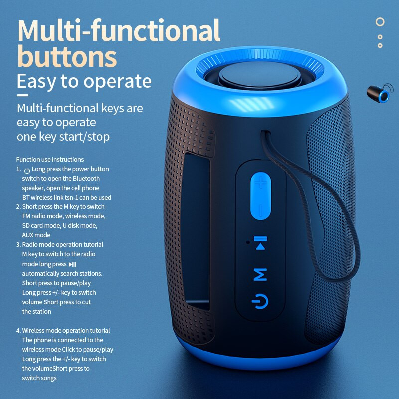 TSN-1 pārnēsājamie skaļruņi, bezvadu Bluetooth skaļruņi ar 5,3 stereo FM/SD/USB diska/papildu režīmiem, ūdensizturīgi āra Hifi skaņai