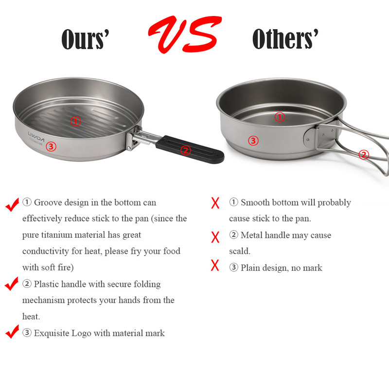 Lixada 1400 ml titāna panna ar salokāmu rokturi Pārnēsājama īpaši viegla grila panna āra gatavošanai kempinga piknika trauki