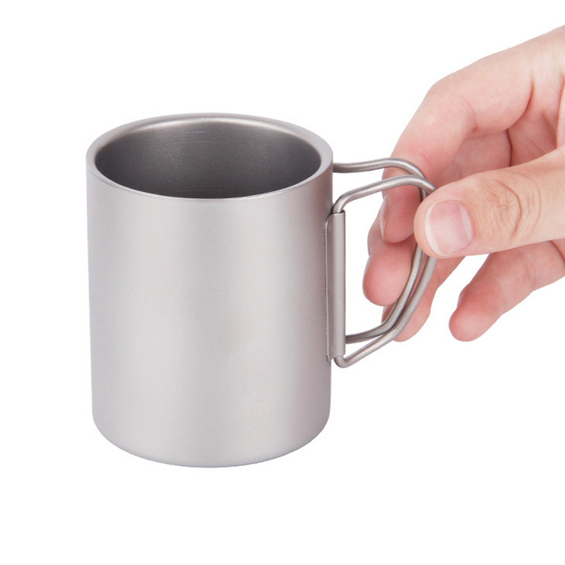 Lixada Camping titāna krūze dubultsienu titāna krūze āra piknika virtuves piederumi kafijas ūdens krūze ar salokāmu rokturi 50ML-750ML