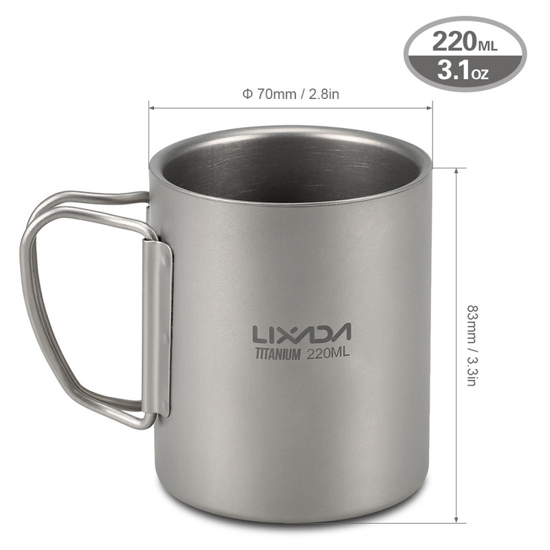 Lixada Camping titāna krūze dubultsienu titāna krūze āra piknika virtuves piederumi kafijas ūdens krūze ar salokāmu rokturi 50ML-750ML