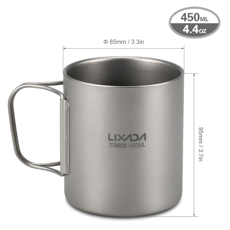Lixada Camping titāna krūze dubultsienu titāna krūze āra piknika virtuves piederumi kafijas ūdens krūze ar salokāmu rokturi 50ML-750ML