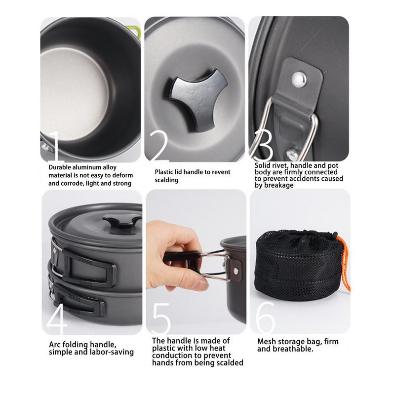 Kempinga virtuves piederumu komplekts āra 3–4 personām, katliem, pannu bļodām, karotes pārnēsājamiem pretpiedeguma gatavošanas traukiem kempinga pārgājienu aprīkojumam