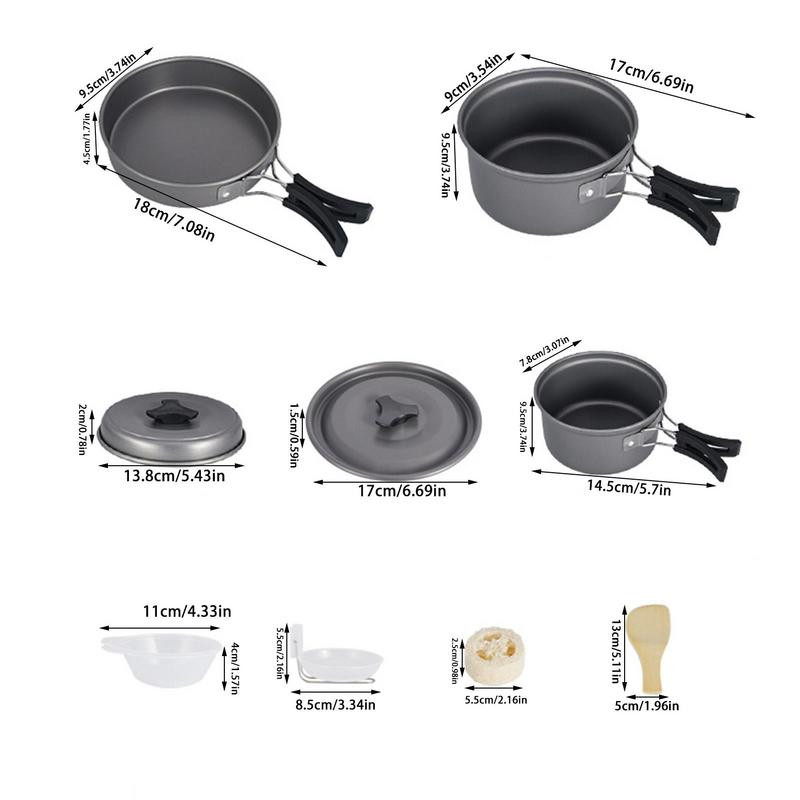 Kempinga virtuves piederumu komplekts āra 3–4 personām, katliem, pannu bļodām, karotes pārnēsājamiem pretpiedeguma gatavošanas traukiem kempinga pārgājienu aprīkojumam