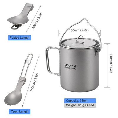 300ml/350ml/550ml/650ml/750ml īpaši viegls titāna krūze ar saliekamo Spork virtuves piederumu komplektu galda piederumi kempingam pārgājieniem piknikam Lixada