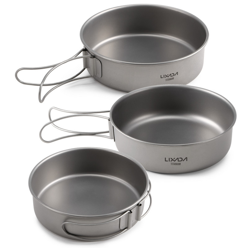 1/3 gab. Titāna bļodu komplekts Īpaši viegls titāna vakariņu trauku panna ar salokāmiem rokturiem āra kempinga pārgājienu piknikam