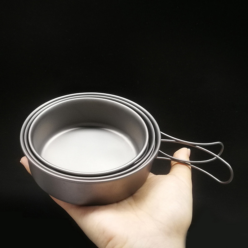 1/3 gab. Titāna bļodu komplekts Īpaši viegls titāna vakariņu trauku panna ar salokāmiem rokturiem āra kempinga pārgājienu piknikam