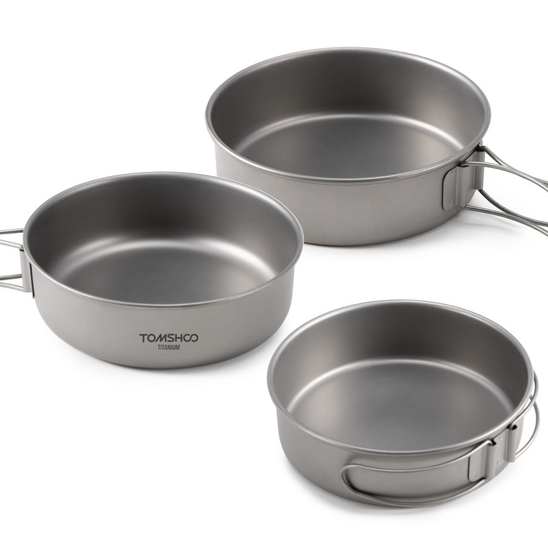 TOMSHOO 3gab titāna bļodu komplekts īpaši viegla titāna vakariņu panna ar salokāmiem rokturiem āra kempinga pārgājienu piknikam