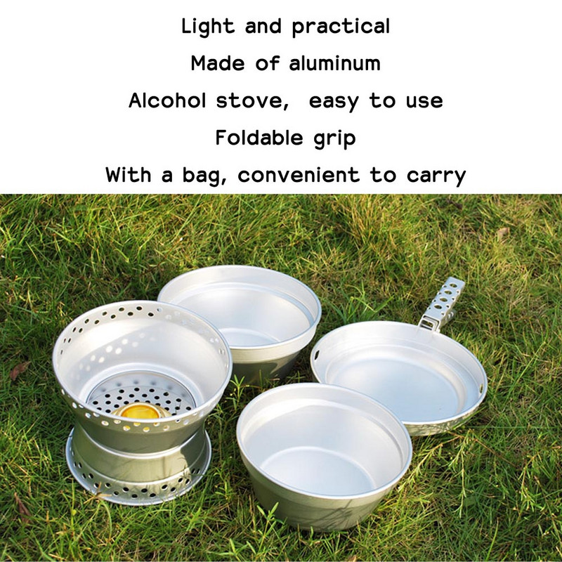 Kempinga virtuves piederumu komplekts, alkohola plīts, spirta deglis ar statīvu, kastrolis āra gatavošanas komplekts ceļojumiem pārgājieniem, piknikam, grilēšanai