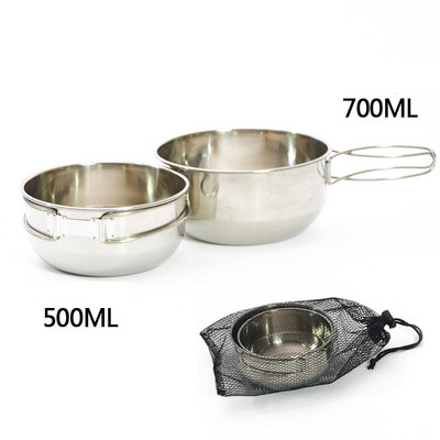 Camping în aer liber Bol pliabil din oțel inoxidabil 304 Vase portabile de gătit Veselă pentru picnic Bol de 500 ml/700 ml cu mâner pliabil