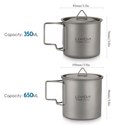Lixada Ultralight Titanium Cup Portable Camping Picnic Water Cup krūze ar salokāmu rokturi 300ml/350ml/420ml/550ml/650ml/750ml