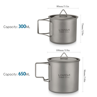 Lixada Ultralight Titanium Cup Portable Camping Picnic Water Cup krūze ar salokāmu rokturi 300ml/350ml/420ml/550ml/650ml/750ml
