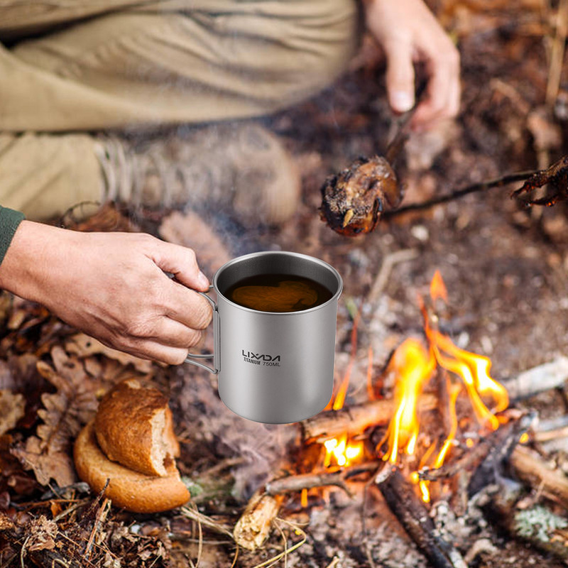 Lixada Ultralight Titanium Cup Portable Camping Picnic Water Cup krūze ar salokāmu rokturi 300ml/350ml/420ml/550ml/650ml/750ml