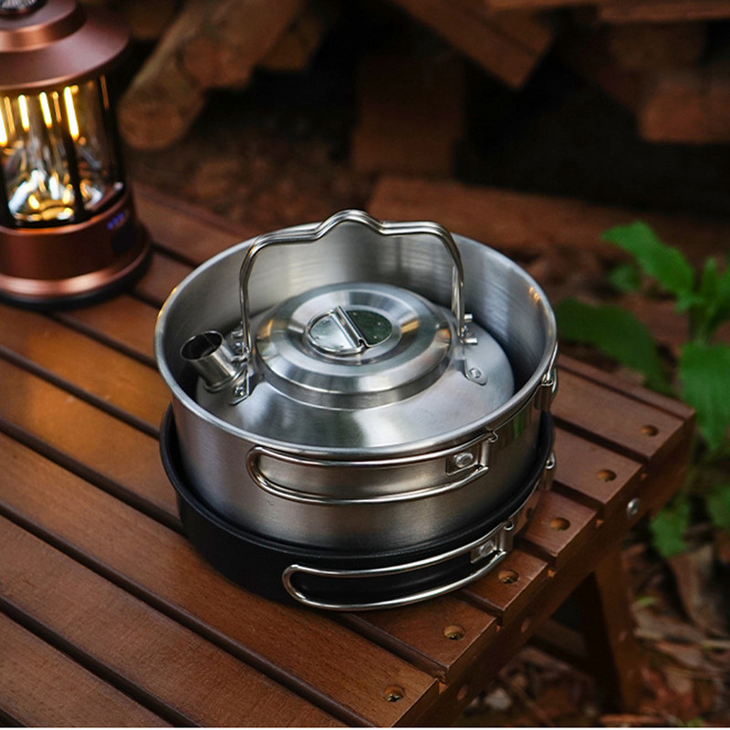 Āra nerūsējošā tērauda tējkanna tējkannas bloķēšanas rokturis kempings piekarināms katls kafijas kanna piknika plīts 1L tējkanna gatavošanas piederumi