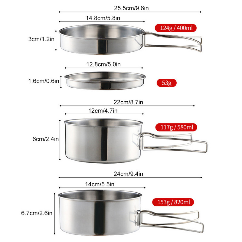 Āra nerūsējošā tērauda kempinga trauku komplekts āra kempinga trauku komplekts Pārgājienu mugursomu gatavošanas piknika galda piederumi Virtuves trauki