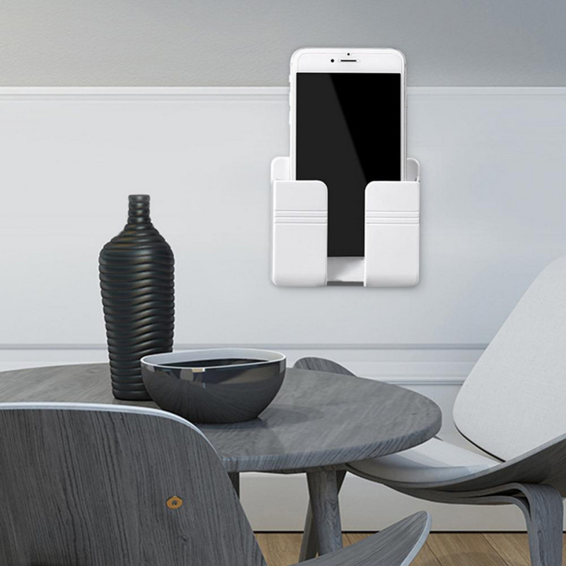 Suport pentru telefon, organizator montat pe perete, cutie de depozitare, cu telecomandă, priză pentru telefon mobil, raft multifuncțional, carlig, suporturi de depozitare
