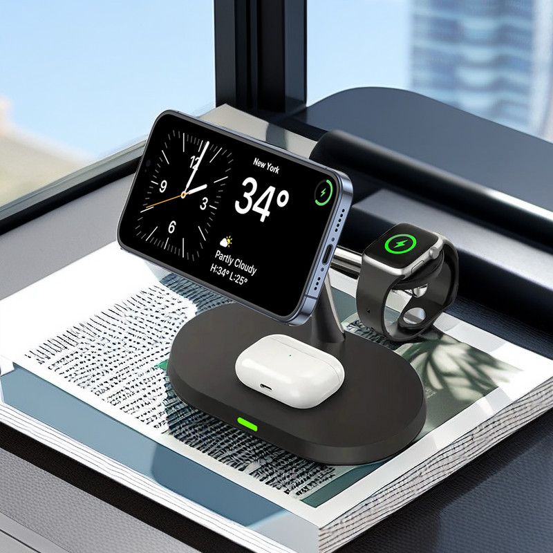 15 w 3in1 magnētiskā viedpulksteņa lādētāja ātrās uzlādes stacija, saliekams bezvadu lādētāja statīvs tālrunim iPhone 15 14,13,12,11/Pro/Max/Mi