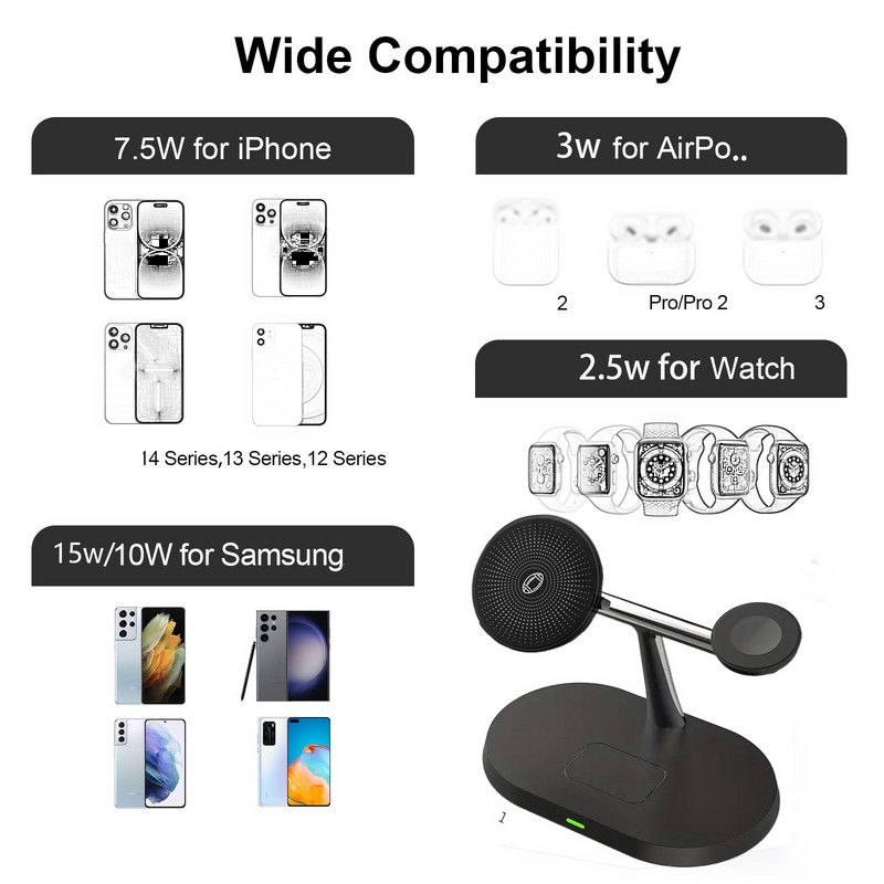 15 w 3in1 magnētiskā viedpulksteņa lādētāja ātrās uzlādes stacija, saliekams bezvadu lādētāja statīvs tālrunim iPhone 15 14,13,12,11/Pro/Max/Mi
