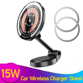 15 W magnētiskais automašīnas bezvadu lādētājs, 360 grādu rotācijas universāls metāla salokāms statīvs tālrunim Iphone 15 14 13 12 11 Pro Max Samsung Huawei