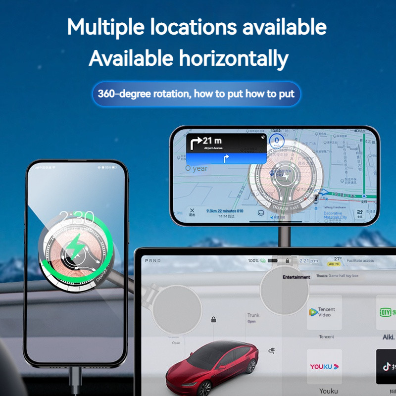 15 W magnētiskais automašīnas bezvadu lādētājs, 360 grādu rotācijas universāls metāla salokāms statīvs tālrunim Iphone 15 14 13 12 11 Pro Max Samsung Huawei
