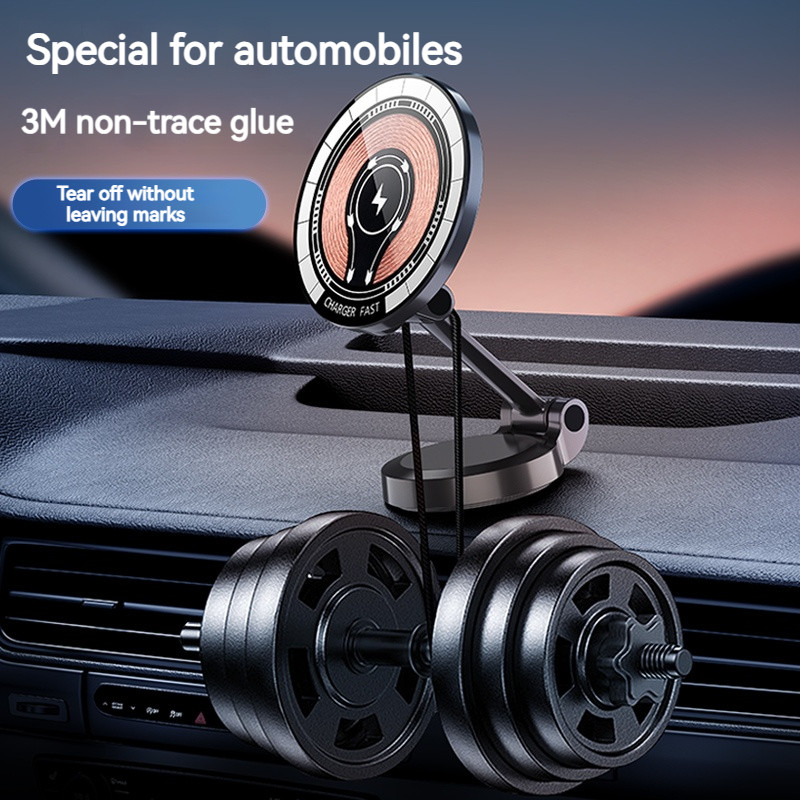 15 W magnētiskais automašīnas bezvadu lādētājs, 360 grādu rotācijas universāls metāla salokāms statīvs tālrunim Iphone 15 14 13 12 11 Pro Max Samsung Huawei