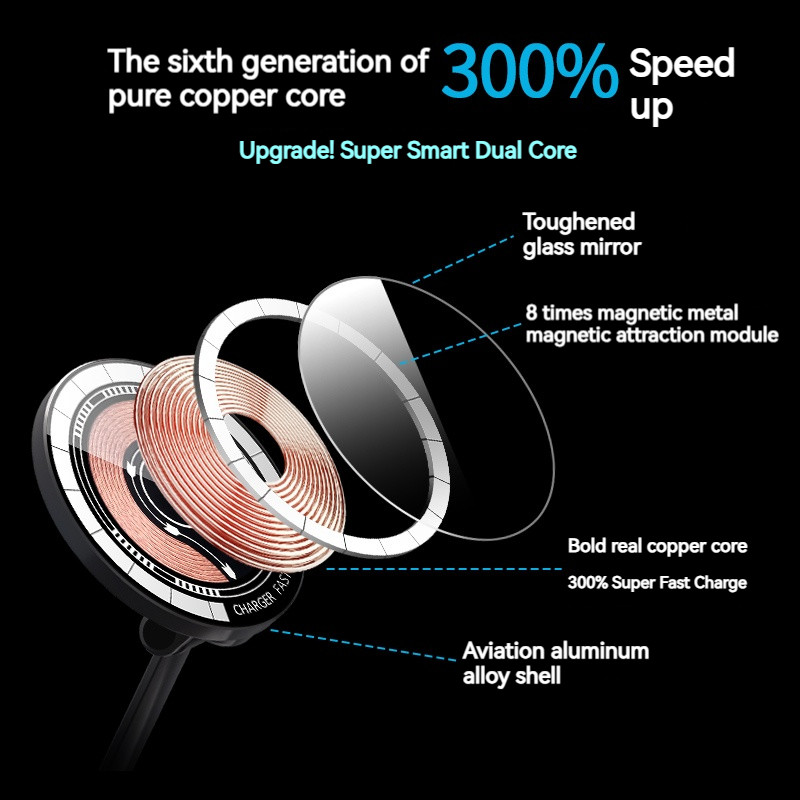 15 W magnētiskais automašīnas bezvadu lādētājs, 360 grādu rotācijas universāls metāla salokāms statīvs tālrunim Iphone 15 14 13 12 11 Pro Max Samsung Huawei