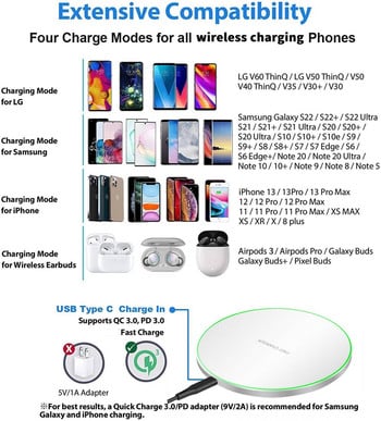30W безжично зарядно за iPhone 14 13 12 11 Pro XS Max Mini X XR 8 Индукционна подложка за бързо безжично зареждане за Samsung S23 S22 S21