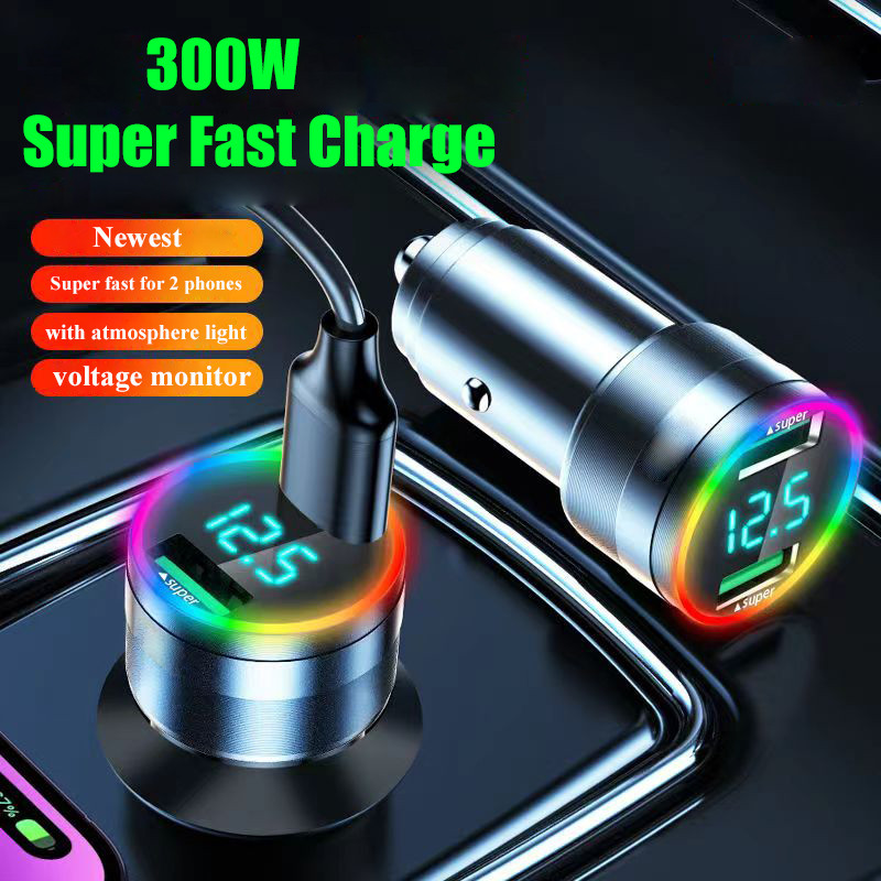 Προσαρμογέας φορτιστή αυτοκινήτου USB 2 σε 1 Super Fast Charge in Car with LED Voltage Monitor για iPhone 15 Pro Max 14 Samsung Oneplus Huawei