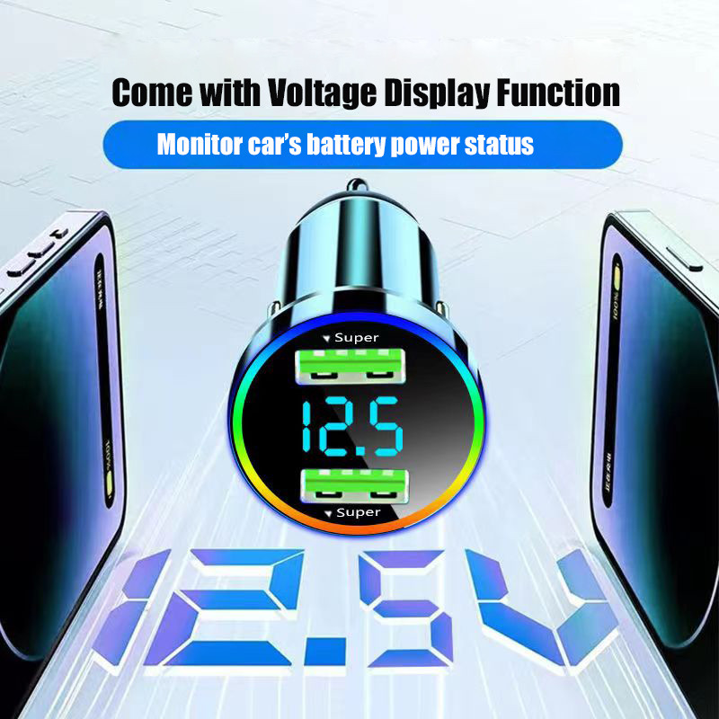Προσαρμογέας φορτιστή αυτοκινήτου USB 2 σε 1 Super Fast Charge in Car with LED Voltage Monitor για iPhone 15 Pro Max 14 Samsung Oneplus Huawei