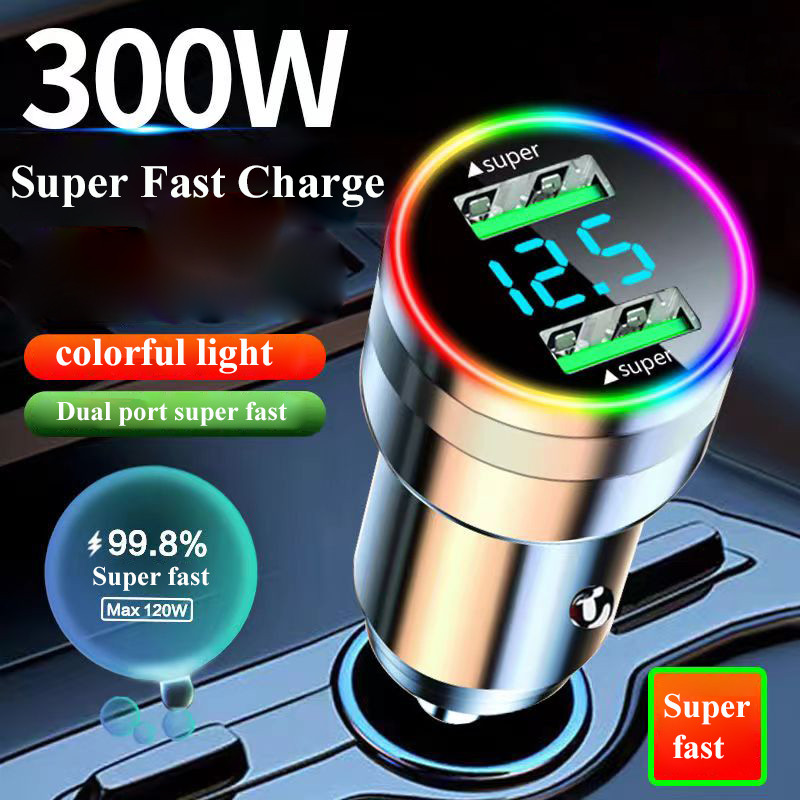 Προσαρμογέας φορτιστή αυτοκινήτου USB 2 σε 1 Super Fast Charge in Car with LED Voltage Monitor για iPhone 15 Pro Max 14 Samsung Oneplus Huawei