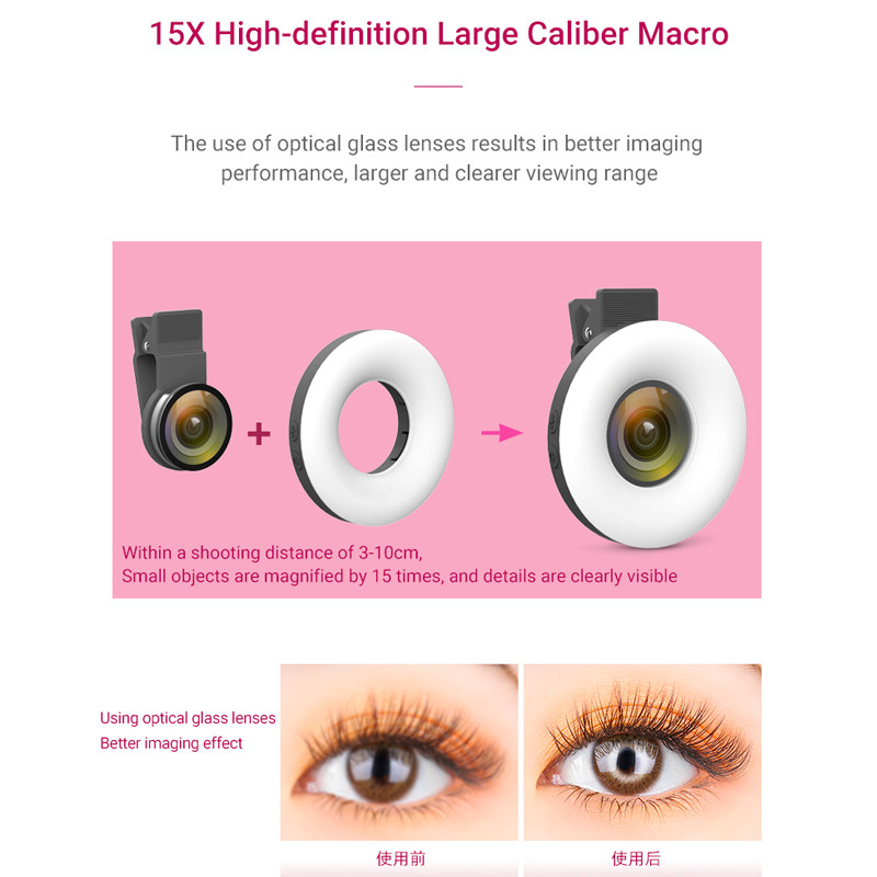 Mobilā tālruņa uzpildes gaisma 15x makro objektīvs, pārnēsājams pašbildes LED gredzena zibspuldzes gaisma Tālruņa pašbildes lampa universālā gredzena klipa gaisma