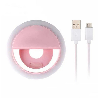 Tālruņa pašbildes gaismas diodes gredzena lampa ar USB uzlādes kabeli priekš iPhone Samsung Xiaomi Huawei Clip On Portable Mini Fill Ringlight