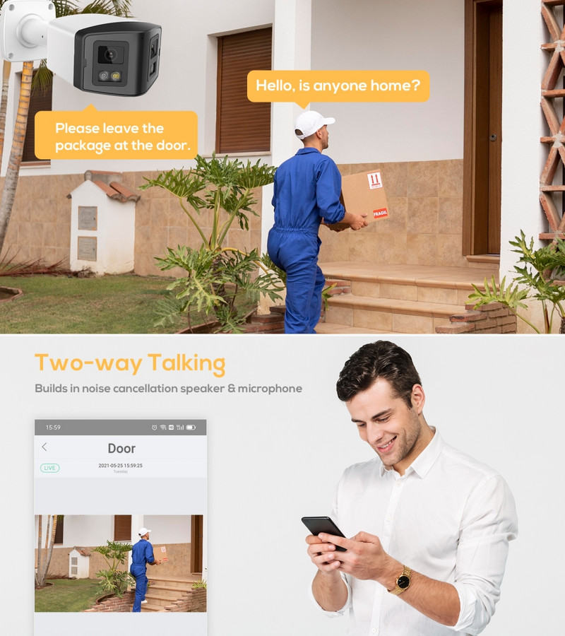 Saderīga ar Hikvision 4MP dubultā apgaismojuma panorāmas kamera POE IR iebūvēts mikrofons skaļrunis cilvēka noteikšanas krāsu nakts redzamības uzraudzība