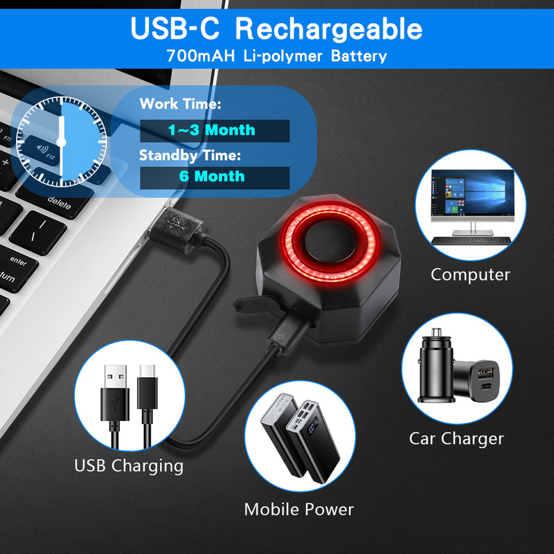 WSDCAM Alarma pentru biciclete Impermeabil Incarcare prin USB Lampa din spate pentru efractie Telecomanda Alarma pentru motocicleta Protectie de securitate 110dB