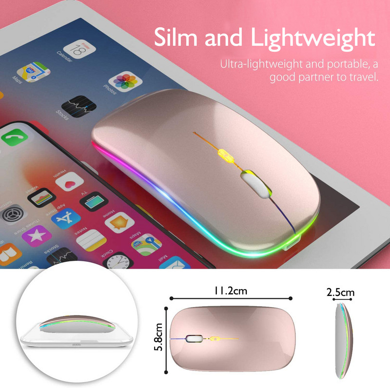 Uzlādējama Bluetooth 5.1 bezvadu pele ar 2,4 GHz USB RGB 1600DPI peli MacBook planšetdatoram klēpjdatora datora pelēm