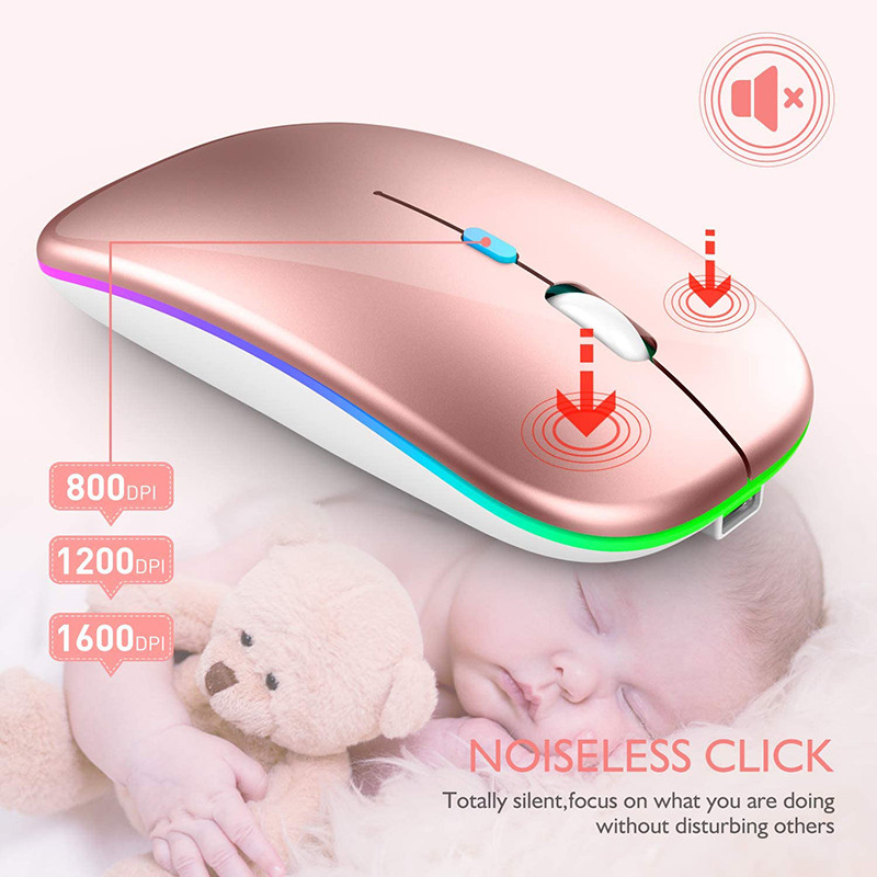 Uzlādējama Bluetooth 5.1 bezvadu pele ar 2,4 GHz USB RGB 1600DPI peli MacBook planšetdatoram klēpjdatora datora pelēm